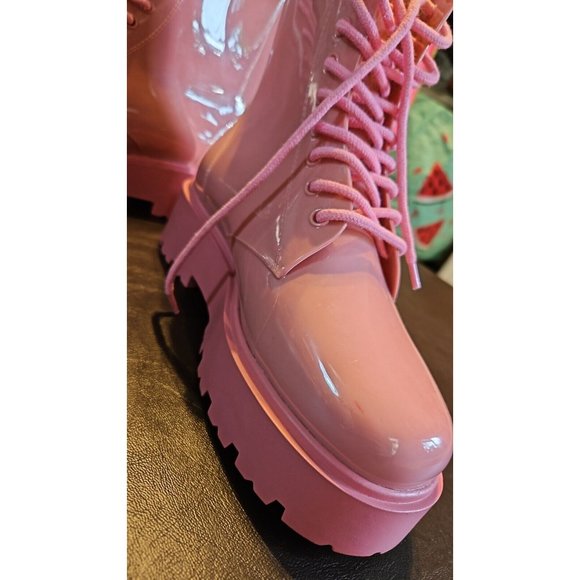 BNWoT NEVER WORN Chunky Pink platform LaceUp Boots Wellies Rubber Platform Shoes - Picture 9 of 14